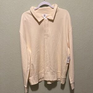Men's Cream Sweater, 3 button with collar.
